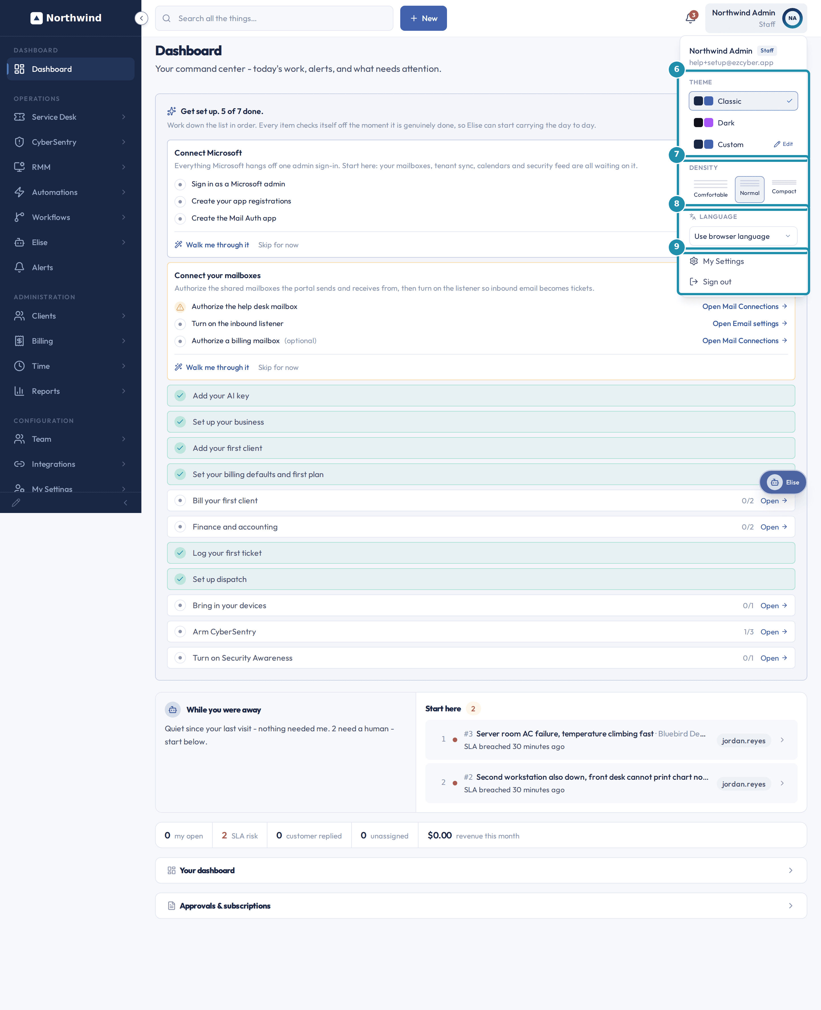The name menu opened from the top right, with a numbered teal badge on Theme, on Density, on Language, and on the My Settings and Sign out links.