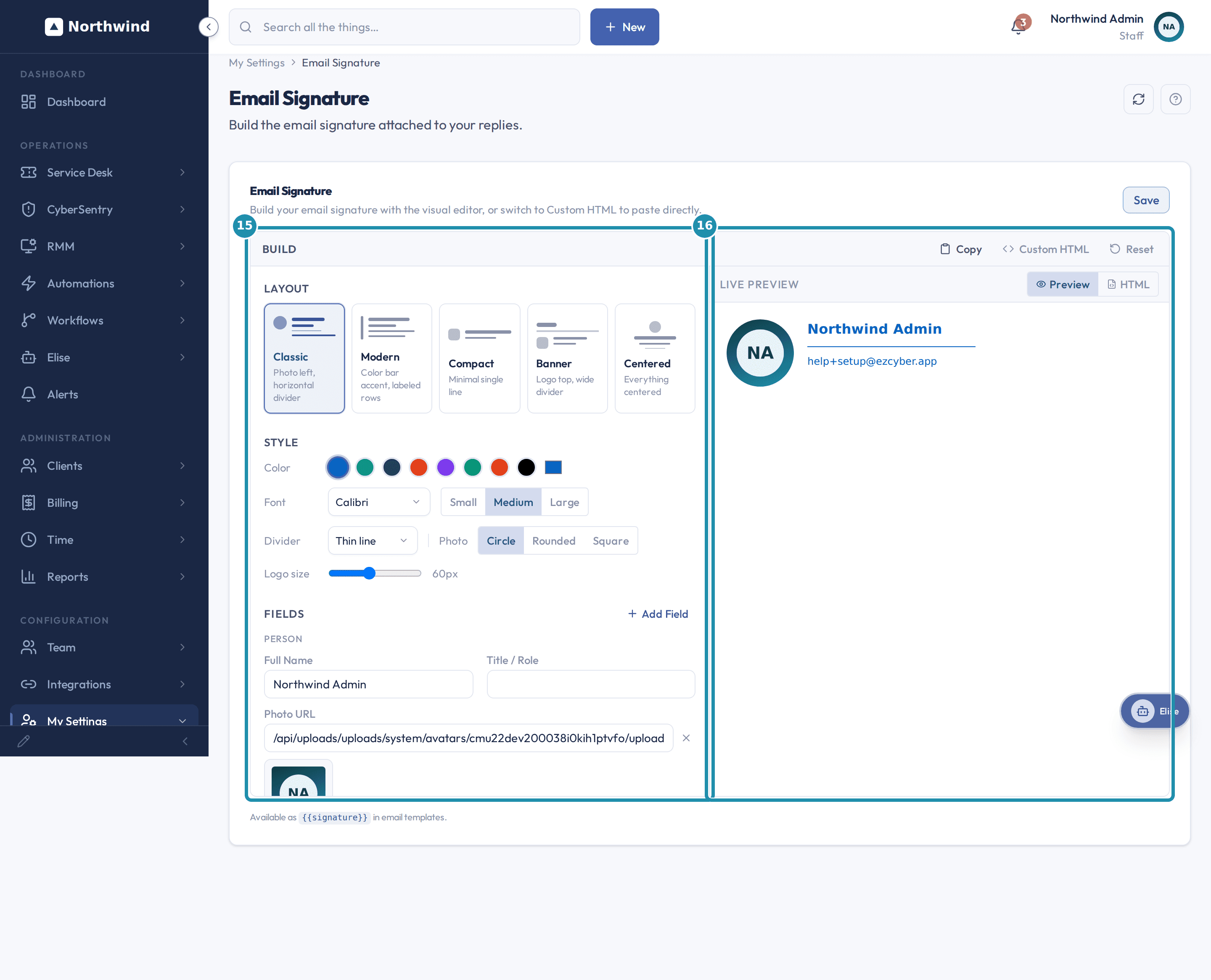 The Email Signature page with a numbered teal badge on the Build panel and on the Live Preview panel.