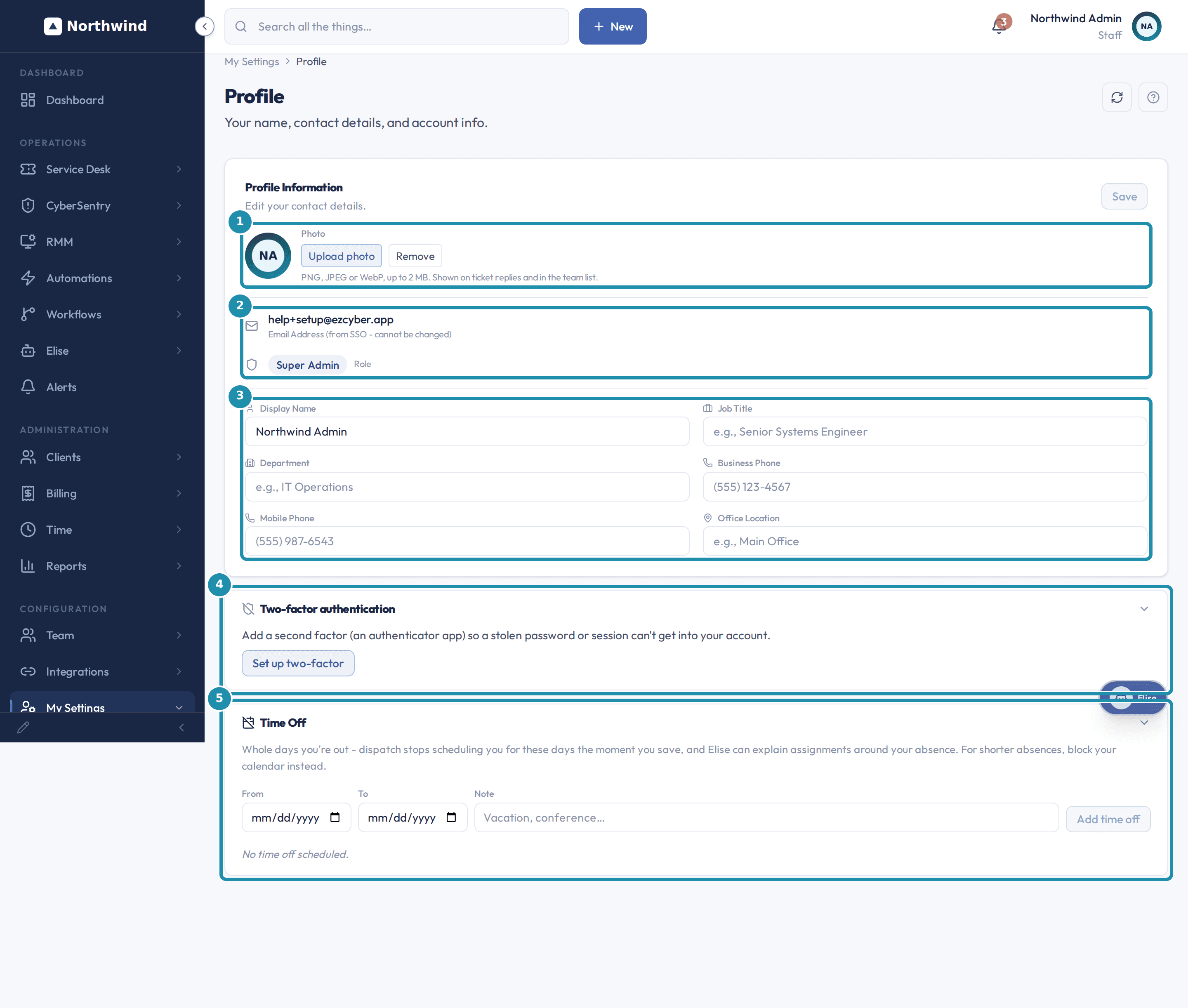 The My Settings Profile page with a numbered teal badge on Photo, on the Email and Role row, on the Display Name through Office Location fields, on Two-factor authentication, and on Time Off.