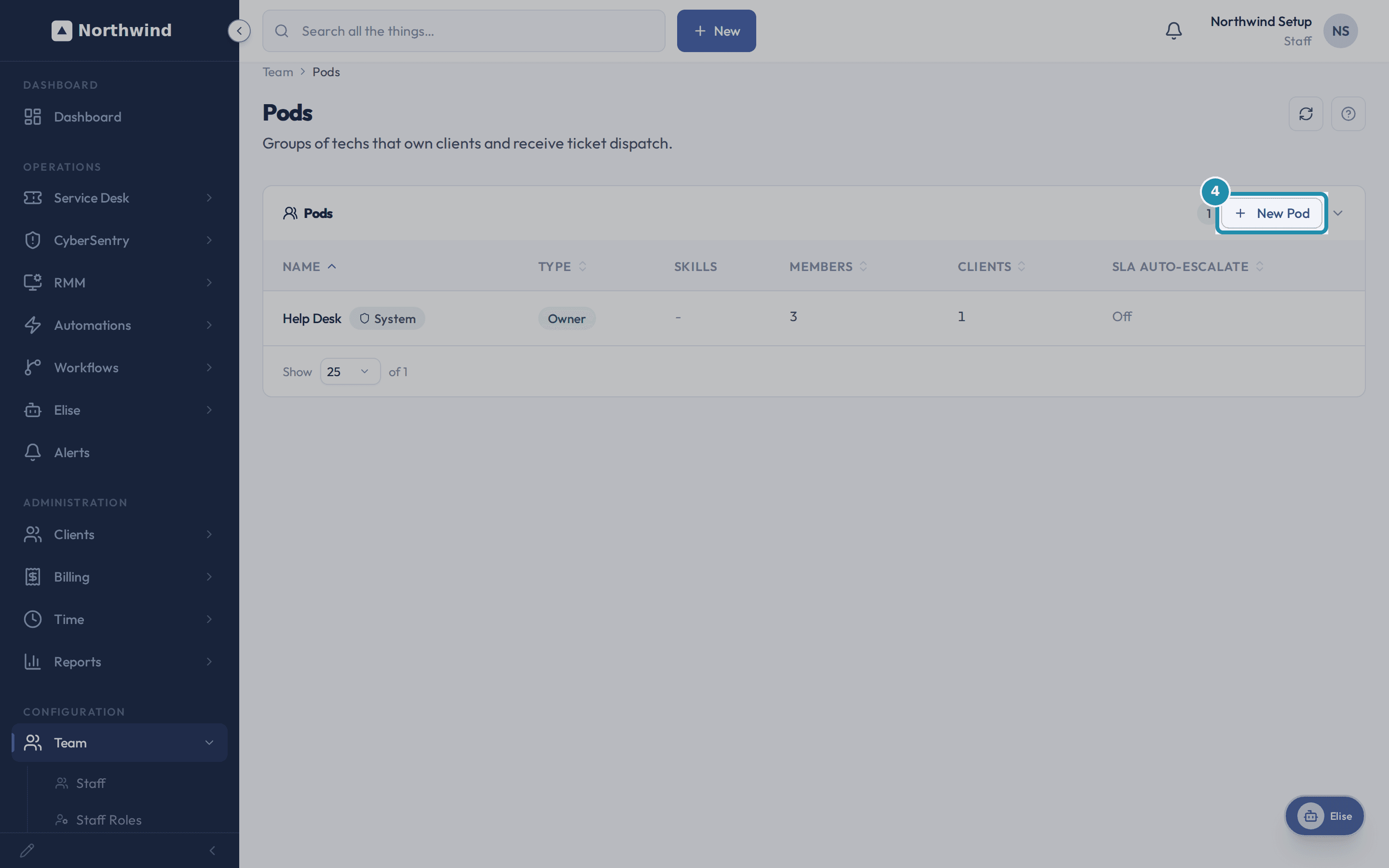 The Pods list showing Help Desk with 3 members and 1 client, and the New Pod button called out.