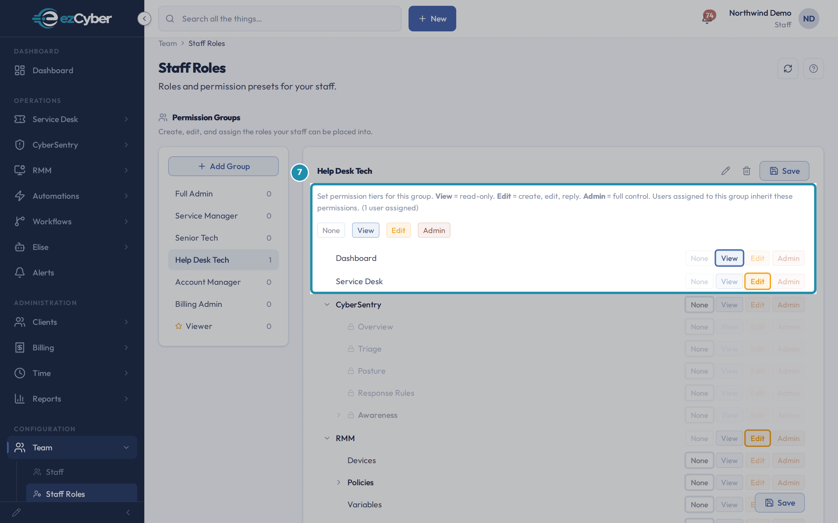 The Help Desk Tech permission group editor, with the tier legend and the Dashboard and Service Desk rows called out.