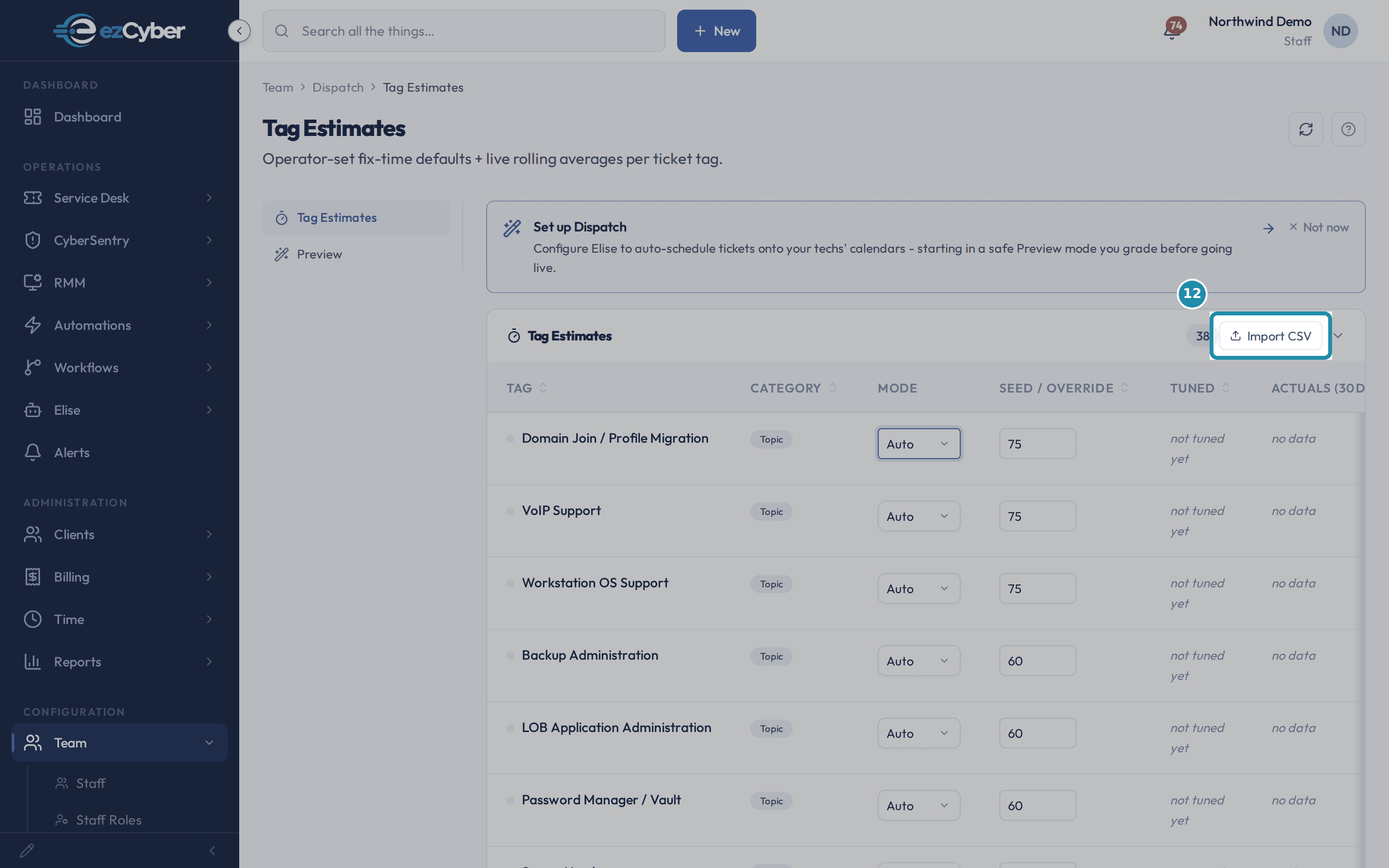 The Tag Estimates card header with the Import CSV button called out.