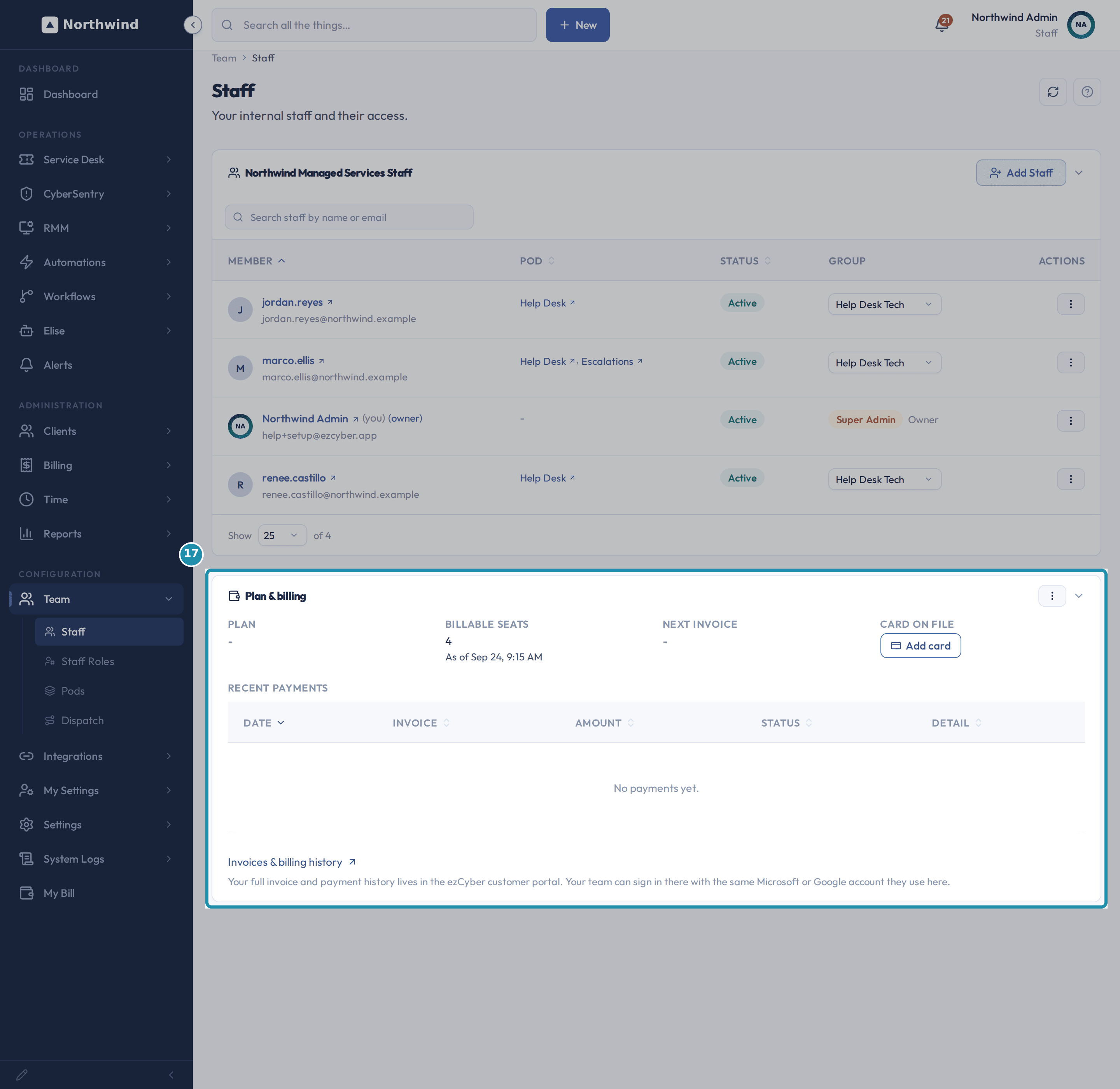 The Plan and billing card with a real seat count, no plan priced yet, no card on file, and the Invoices and billing history link and note at the bottom.