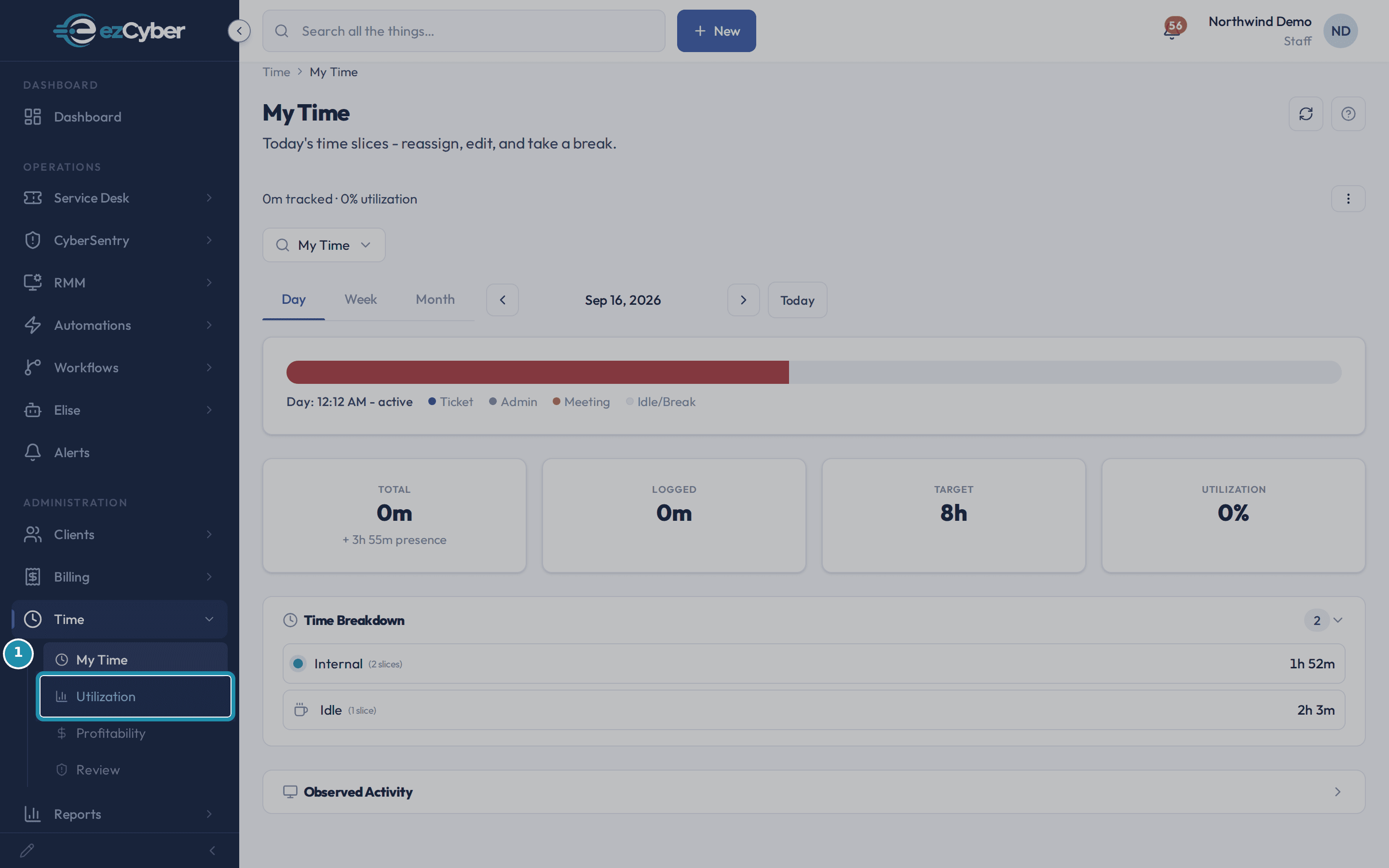 The Time section of the sidebar expanded, with Utilization outlined below My Time.