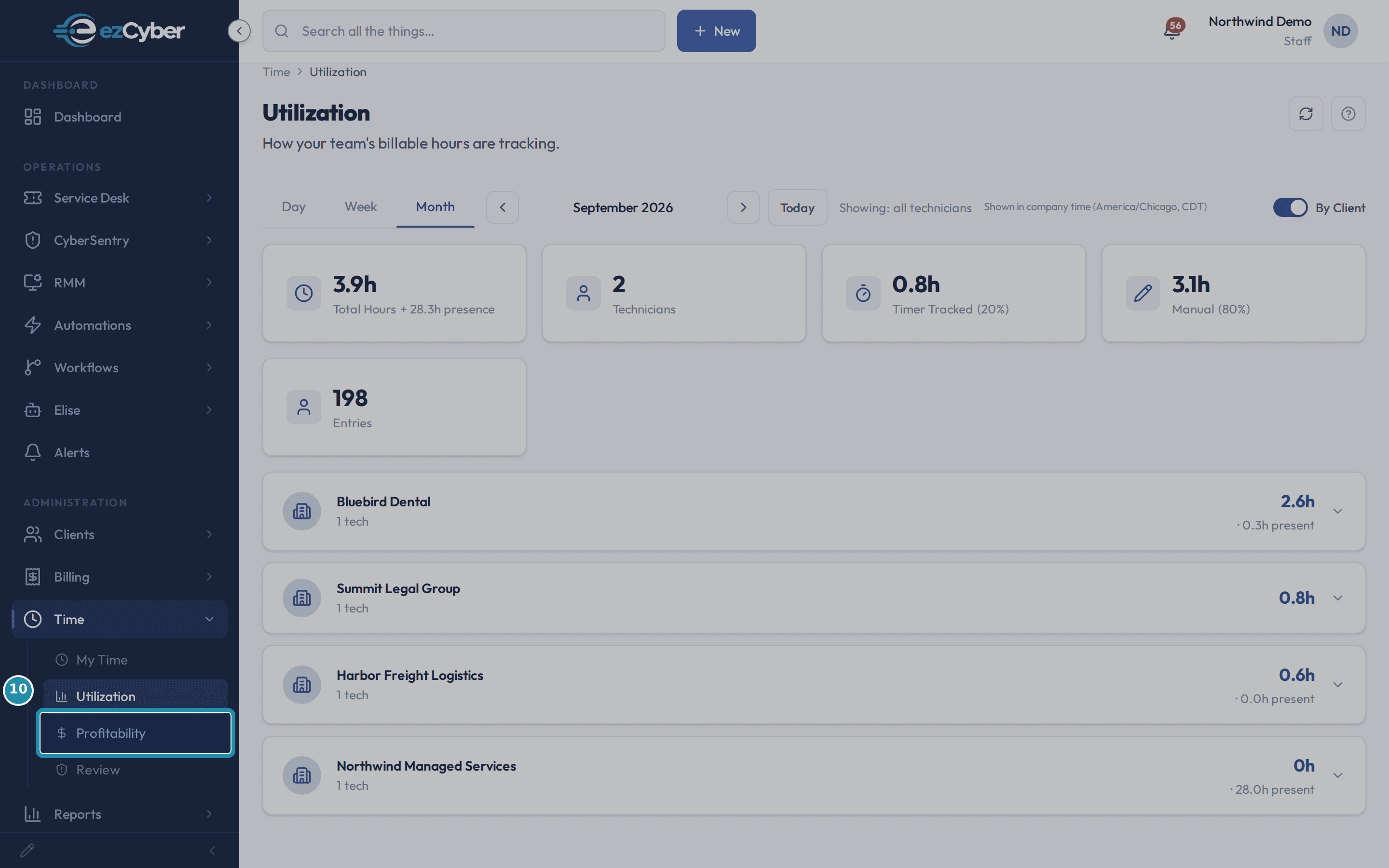 The Time section of the sidebar with Profitability outlined below Utilization.