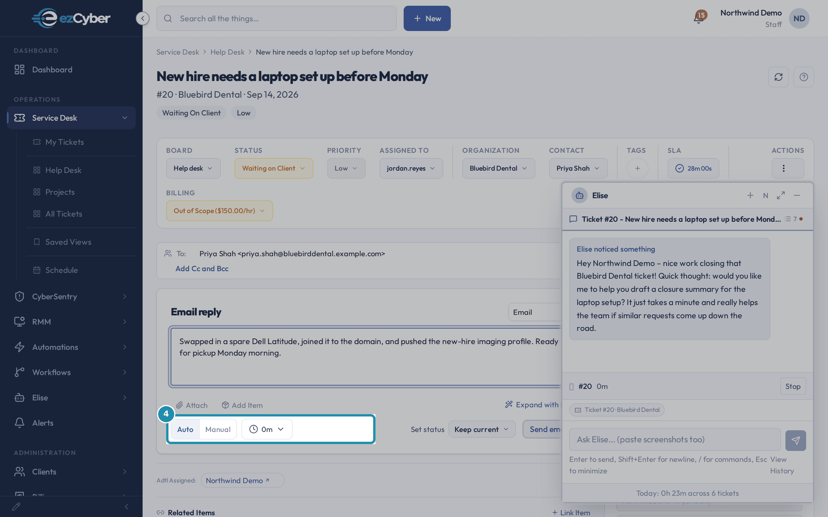 The reply composer on ticket #20 with a filled-in reply and the Auto time control reading 0m, before Send email is clicked.