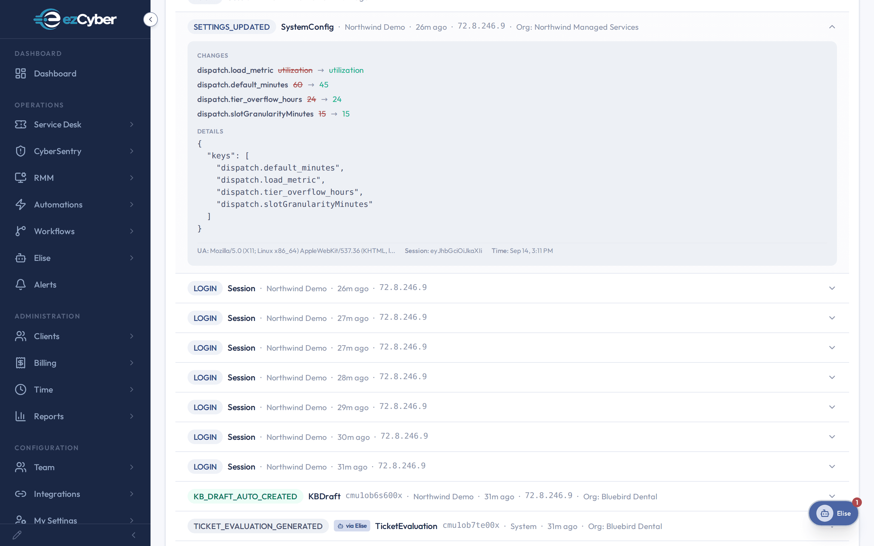 An audit-log entry in ezCyber showing a settings change with before and after values