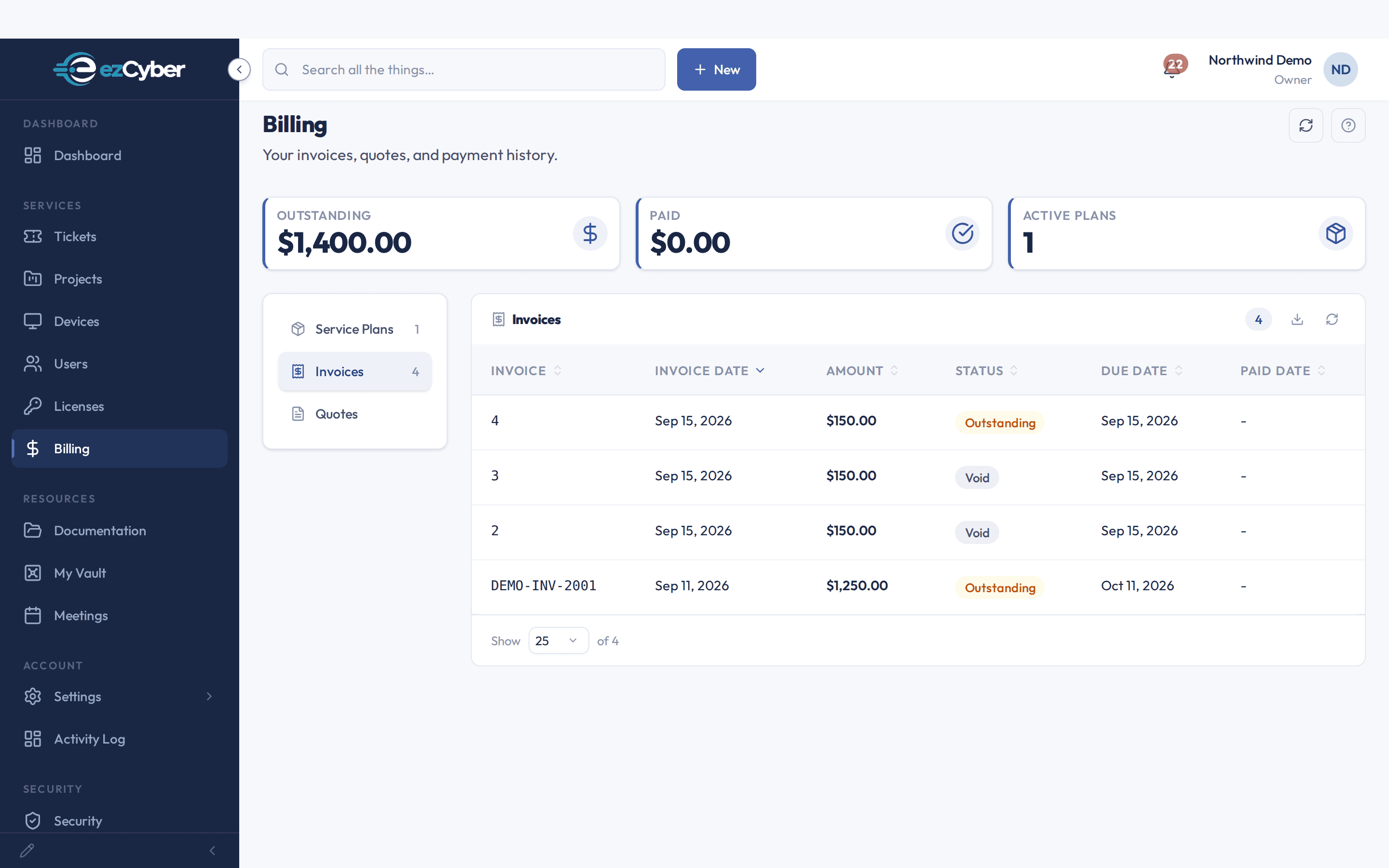 Billing in the ezCyber client portal: the client's own invoices with amounts, status and due dates