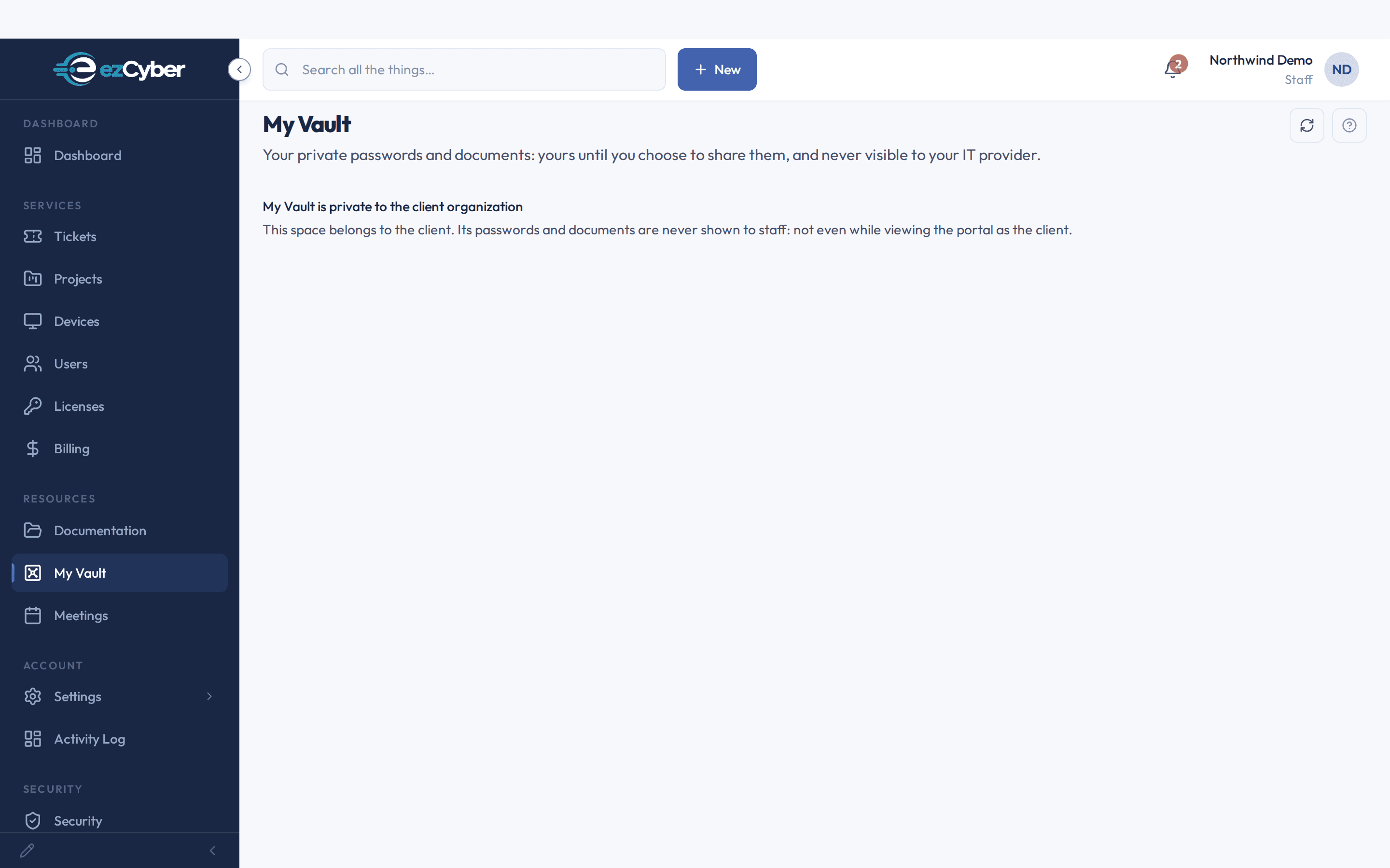 The client portal's My Vault page: private to the client's team
