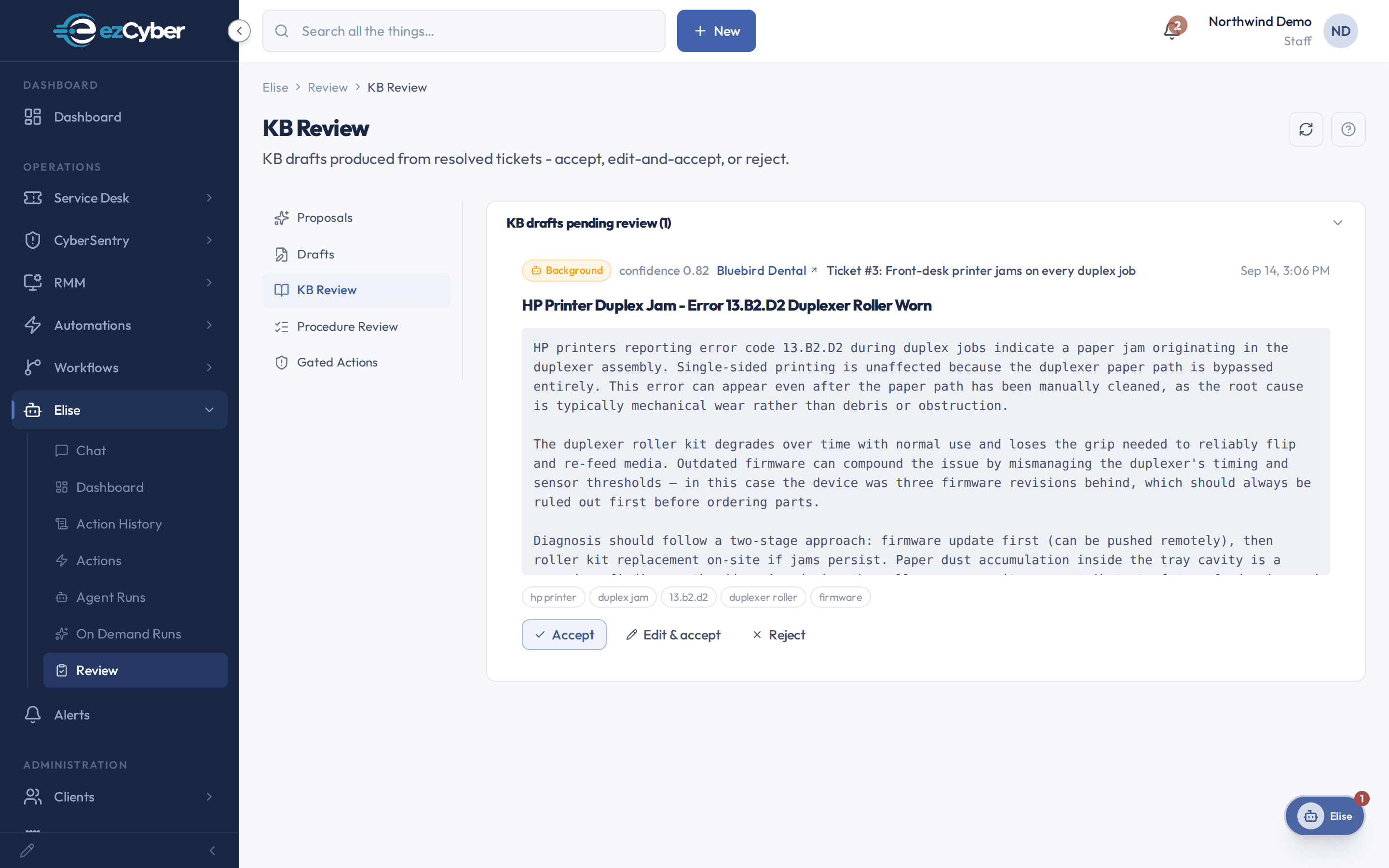 A drafted knowledge-base article waiting for approval in ezCyber